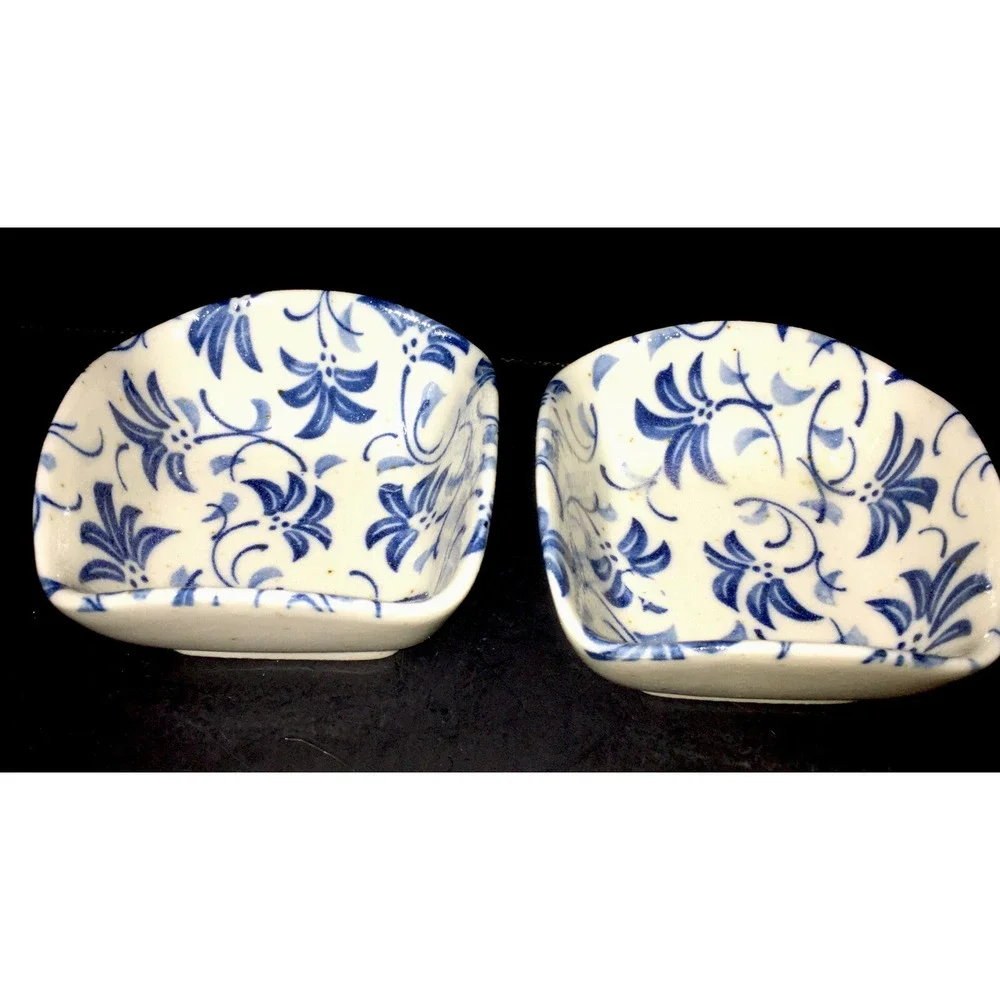 Hand Painted Art Pottery Bowl Blue and White Floral